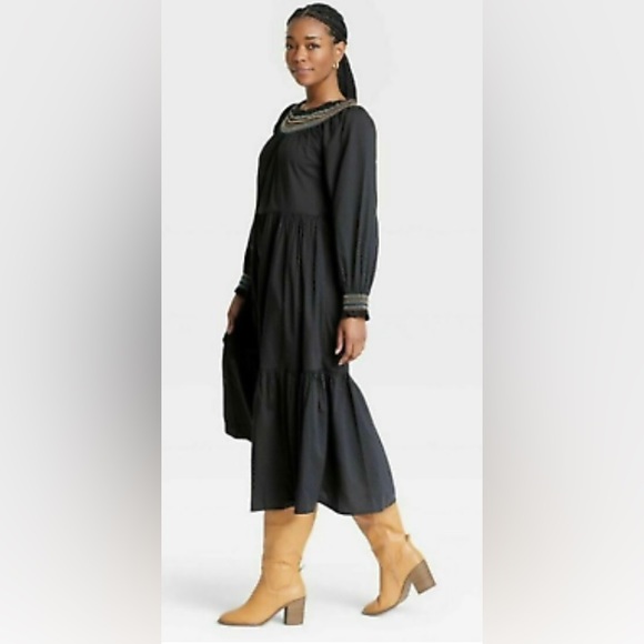UNIVERSAL THREAD Gray & Multi Versatile Long Balloon Sleeve Boho Dress w Pockets - Picture 3 of 10